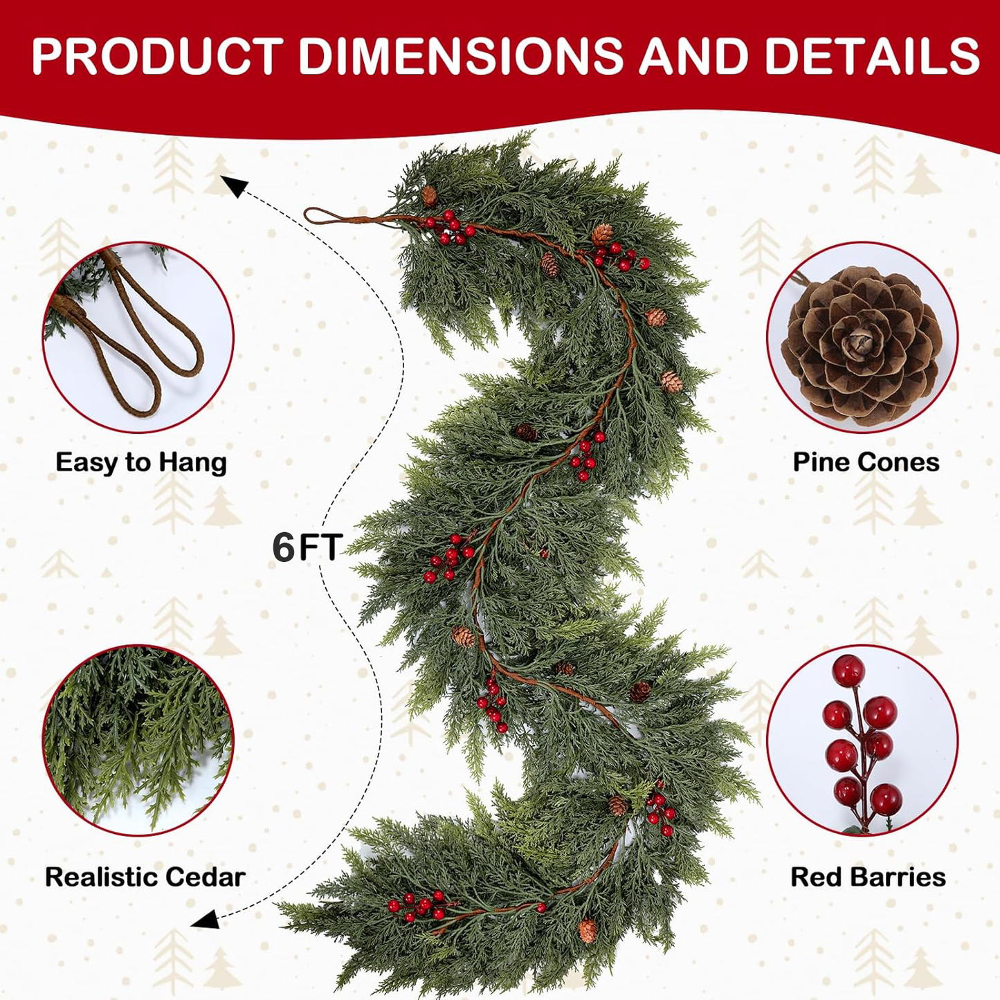 🎄🌺 Artificial Red Berries Cedar Garland 🇺🇸 UV-Resistant, Premium Quality and Durable