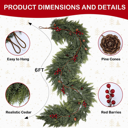 🎄🌺 Artificial Red Berries Cedar Garland 🇺🇸 UV-Resistant, Premium Quality and Durable