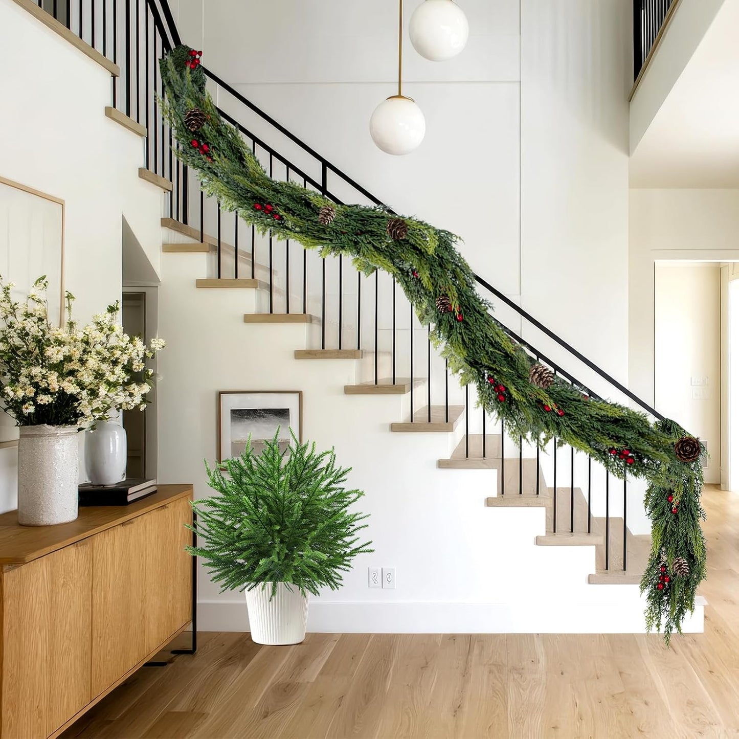 🎄🌺 Artificial Red Berries Cedar Garland 🇺🇸 UV-Resistant, Premium Quality and Durable