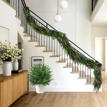 🎄🌺 Artificial Red Berries Cedar Garland 🇺🇸 UV-Resistant, Premium Quality and Durable