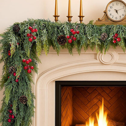 🎄🌺 Artificial Red Berries Cedar Garland 🇺🇸 UV-Resistant, Premium Quality and Durable