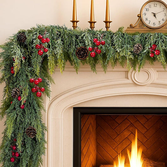 🎄🌺 Artificial Red Berries Cedar Garland 🇺🇸 UV-Resistant, Premium Quality and Durable