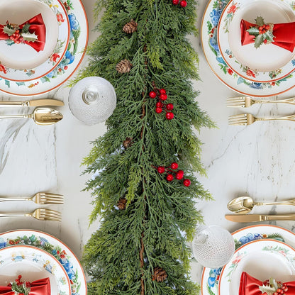 🎄🌺 Artificial Red Berries Cedar Garland 🇺🇸 UV-Resistant, Premium Quality and Durable