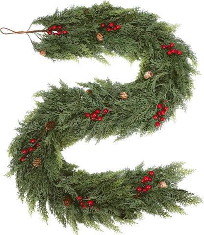 🎄🌺 Artificial Red Berries Cedar Garland 🇺🇸 UV-Resistant, Premium Quality and Durable